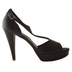 530303-Scarpa aperta con cinturino e plateau in pelle nero