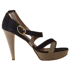 530306-Scarpa aperta con cinturino e plateau in camoscio nero e beige
