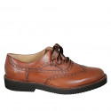 Woman's laced Oxford shoe with wingtip decorations in cognac brown leather heel 3 - Available sizes:  43