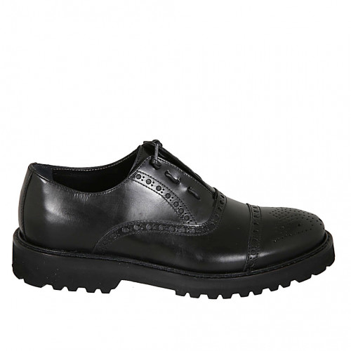 Men's laced Oxford shoe with Brogue decorations in black leather - Available sizes:  46