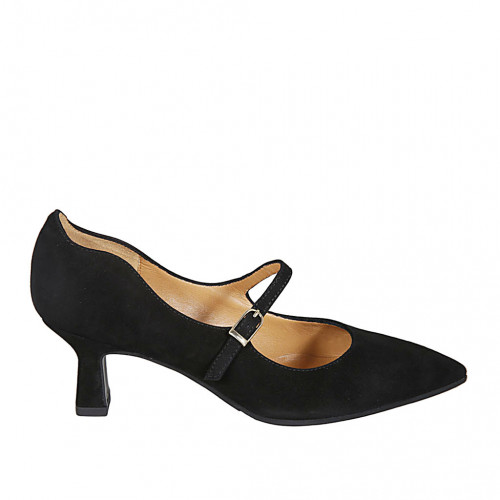 Woman's pump in black suede with strap heel 6 - Available sizes:  33