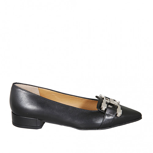 Woman's pointy mocassin with accessory in black leather heel 3 - Available sizes:  32