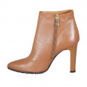 Woman's pointy ankle boot with zipper in tan brown leather heel 10 - Available sizes:  43