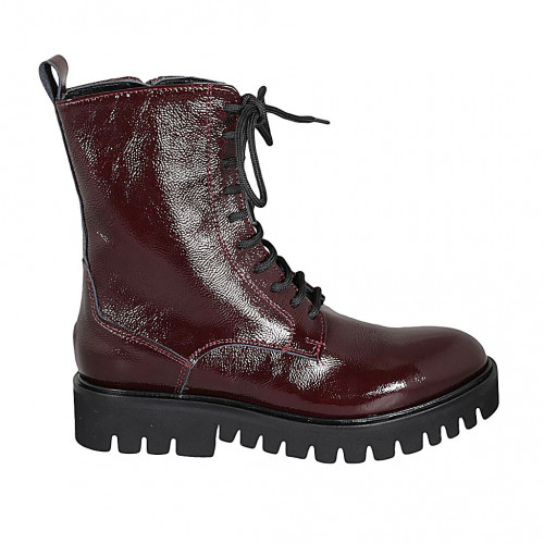 Woman's laced combat style ankle boot with zipper in maroon patent leather heel 4 - Available sizes:  44