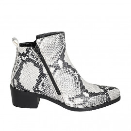 Woman's pointy texan ankle boot with zippers in black and white printed leather heel 4 - Available sizes:  42