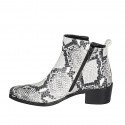 Woman's pointy texan ankle boot with zippers in black and white printed leather heel 4 - Available sizes:  42, 43