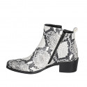 Woman's pointy texan ankle boot with zippers in black and white printed leather heel 4 - Available sizes:  42