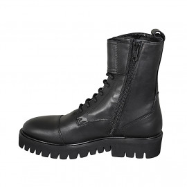 Bottines pour femmes stil combat avec lacets, bout droit, boucles et fermeture éclair en cuir noir talon 4 - Pointures disponibles:  32 2