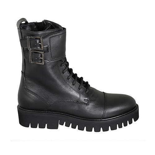 Woman's laced combat style ankle boot with zipper, captoe and buckles in black leather heel 4 - Available sizes:  32