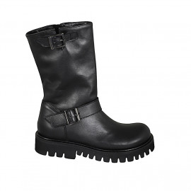 Woman's boot with zipper and buckles in black leather heel 4 - Available sizes: 32, 33