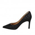 Zapato de salon para mujer en gamuza imprimida negra tacon 8 - Tallas disponibles:  32, 43
