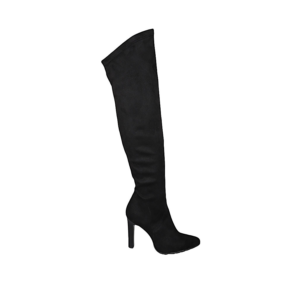 Woman s pointy over the knee boot in black elasticized suede with