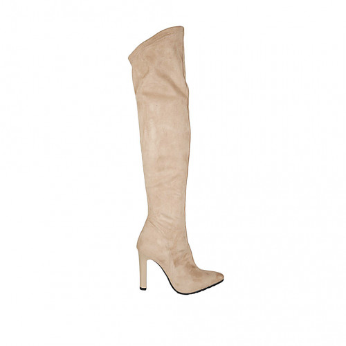 Woman's pointy over-the-knee boot in beige elasticized suede with half zipper heel 10 - Available sizes:  42