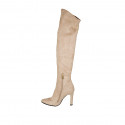 Woman's pointy over-the-knee boot in beige elasticized suede with half zipper heel 10 - Available sizes:  42
