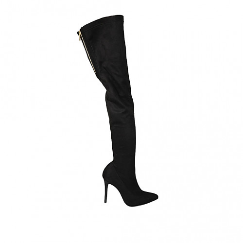 Botas a punta sobre la rodilla en gamuza elastica negra con media cremallera para mujer tacon 9 - Tallas disponibles:  34