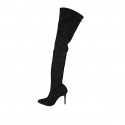 Woman's pointy over-the-knee boot in black elasticized suede with half zipper heel 9 - Available sizes:  34