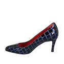 Zapato de salon para mujer en piel cepillada estampada negra y azul tacon 7 - Tallas disponibles:  34