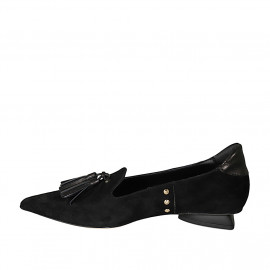 ﻿Woman's pointy mocassin in black suede and gray leather with tassels and studs heel 2 - Available sizes:  46 2