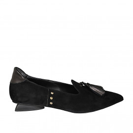 Mocassin à bout pointu pour femmes en daim noir et cuir gris avec glands et goujons talon 2 - Pointures disponibles: 46