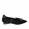 ﻿Woman's pointy mocassin in black suede and gray leather with tassels and studs heel 2 - Available sizes:  46