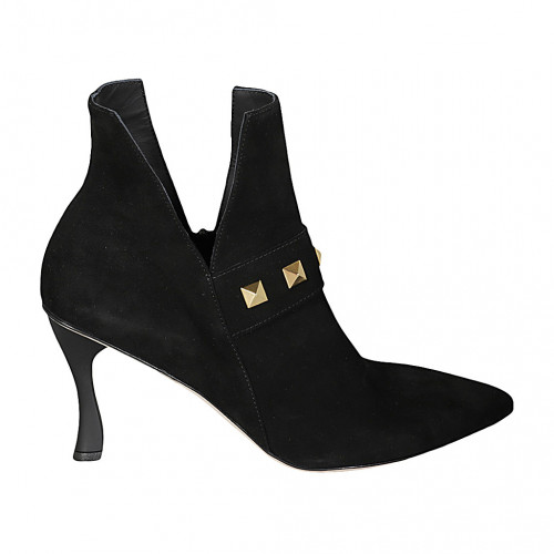 Woman's pointy ankle boot with zipper and studs in black suede heel 9 - Available sizes:  42, 45