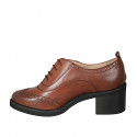 Woman's Oxford shoe with laces and wingtip in tan brown leather heel 6 - Available sizes:  34, 44, 45