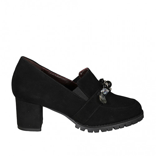 Woman's mocassin in black suede with elastic bands, pearls and rhinestones heel 6 - Available sizes:  34, 45