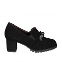 Woman's mocassin in black suede with elastic bands, pearls and rhinestones heel 6 - Available sizes:  34, 45