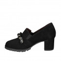 Woman's mocassin in black suede with elastic bands, pearls and rhinestones heel 6 - Available sizes:  34, 45