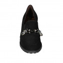 Woman's mocassin in black suede with elastic bands, pearls and rhinestones heel 6 - Available sizes:  34, 45