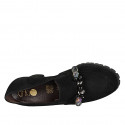 Woman's mocassin in black suede with elastic bands, pearls and rhinestones heel 6 - Available sizes:  34, 45