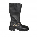 Woman's boot with buckle and zipper in black leather heel 5 - Available sizes:  45