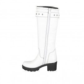 Woman's boot with buckle, elastic and zipper in white leather heel 6 - Available sizes:  42, 43 2