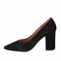 Woman's pointy pump shoe with V-cut in black suede block heel 8 - Available sizes:  43