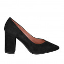 Woman's pointy pump shoe with V-cut in black suede block heel 8 - Available sizes:  43