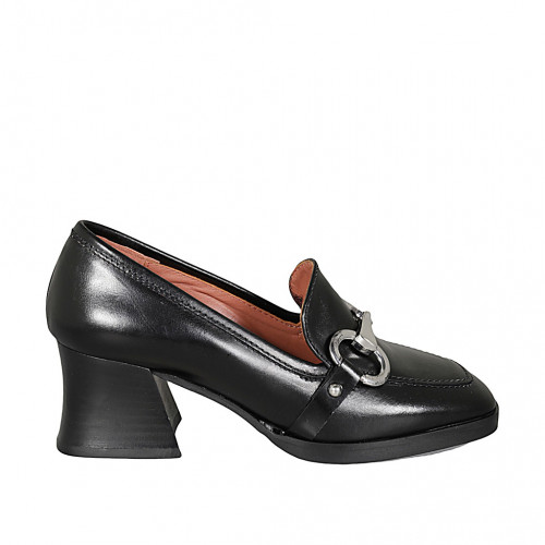Woman's mocassin with accessory in black leather heel 5 - Available sizes:  45