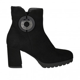 Woman's ankle boot with zipper and accessory in black suede heel 7 - Available sizes: 45