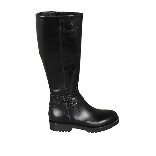 Bottes pour femmes avec boucles et fermeture éclair en cuir noir talon 3 - Pointures disponibles:  42