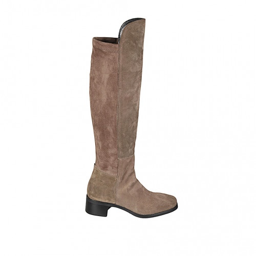 Woman's boot with half zipper in taupe suede and elastic material heel 4 - Available sizes:  42, 43, 44