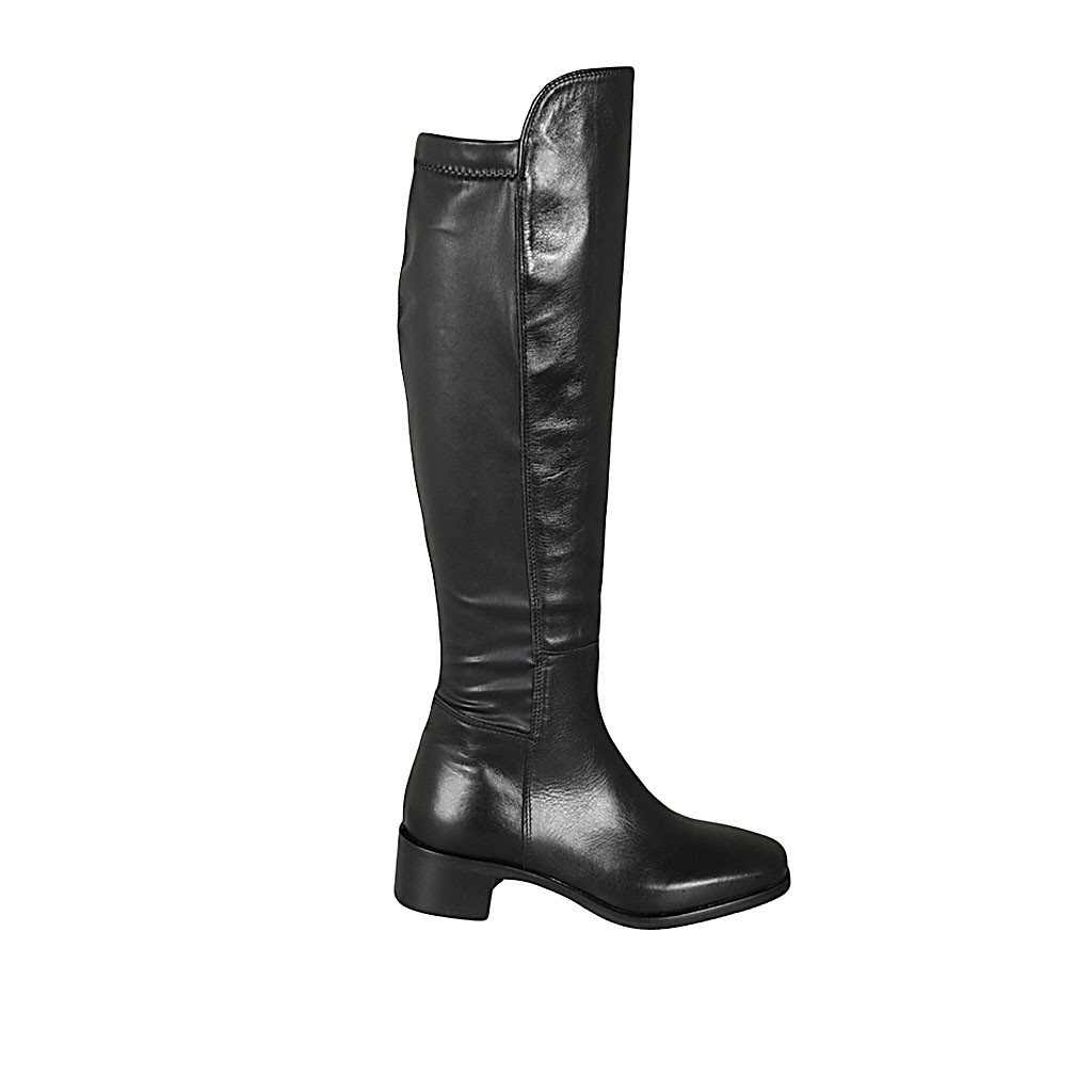 Woman's boot with half zipper in black leather and elastic material heel 4
