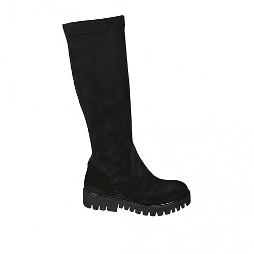 Bottes pour femmes en daim et tissu elastique noir talon 4 - Pointures disponibles:  43, 44, 45