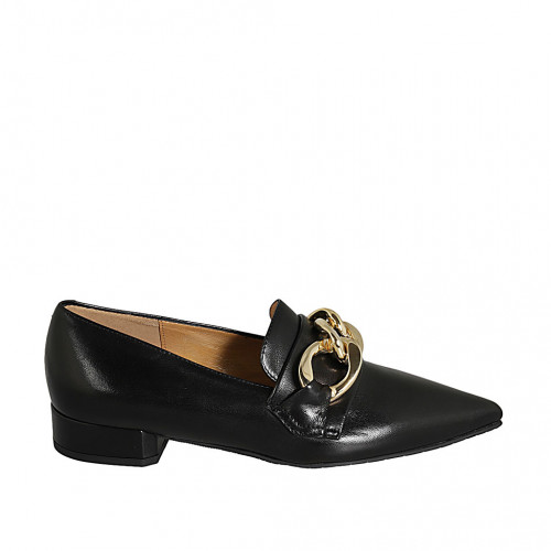Mocassin bout pointu pour femmes en cuir noir avec cha ne talon 3