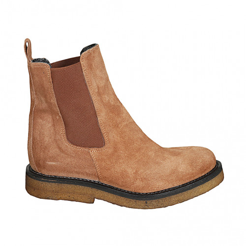 Woman's ankle boot with elastic bands in cognac brown suede heel 3 - Available sizes:  33, 43