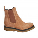 Woman's ankle boot with elastic bands in cognac brown suede heel 3 - Available sizes:  33, 43