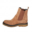 Woman's ankle boot with elastic bands in cognac brown suede heel 3 - Available sizes:  33, 43