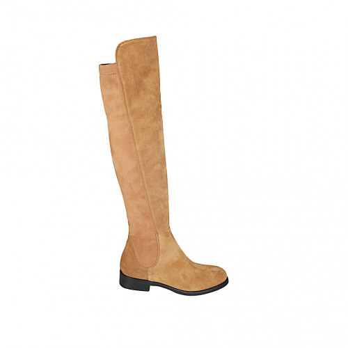 Woman's boot with half zipper in tan brown suede and elastic material heel 3 - Available sizes:  34, 44