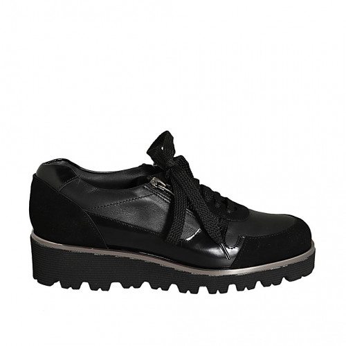 Woman's laced shoe with zippers in black leather, suede and brush-off leather wedge heel 4 - Available sizes:  44