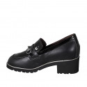 Woman's mocassin with accessory and removable insole in black leather and patent leather heel 5 - Available sizes:  31, 44