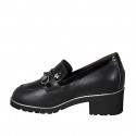 Woman's mocassin with accessory and removable insole in black leather and patent leather heel 5 - Available sizes:  44