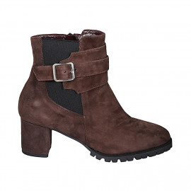 Bottines pour femmes avec semelle amovible, boucle, elastique et fermeture éclair en daim marron talon 6 - Pointures disponibles:  43